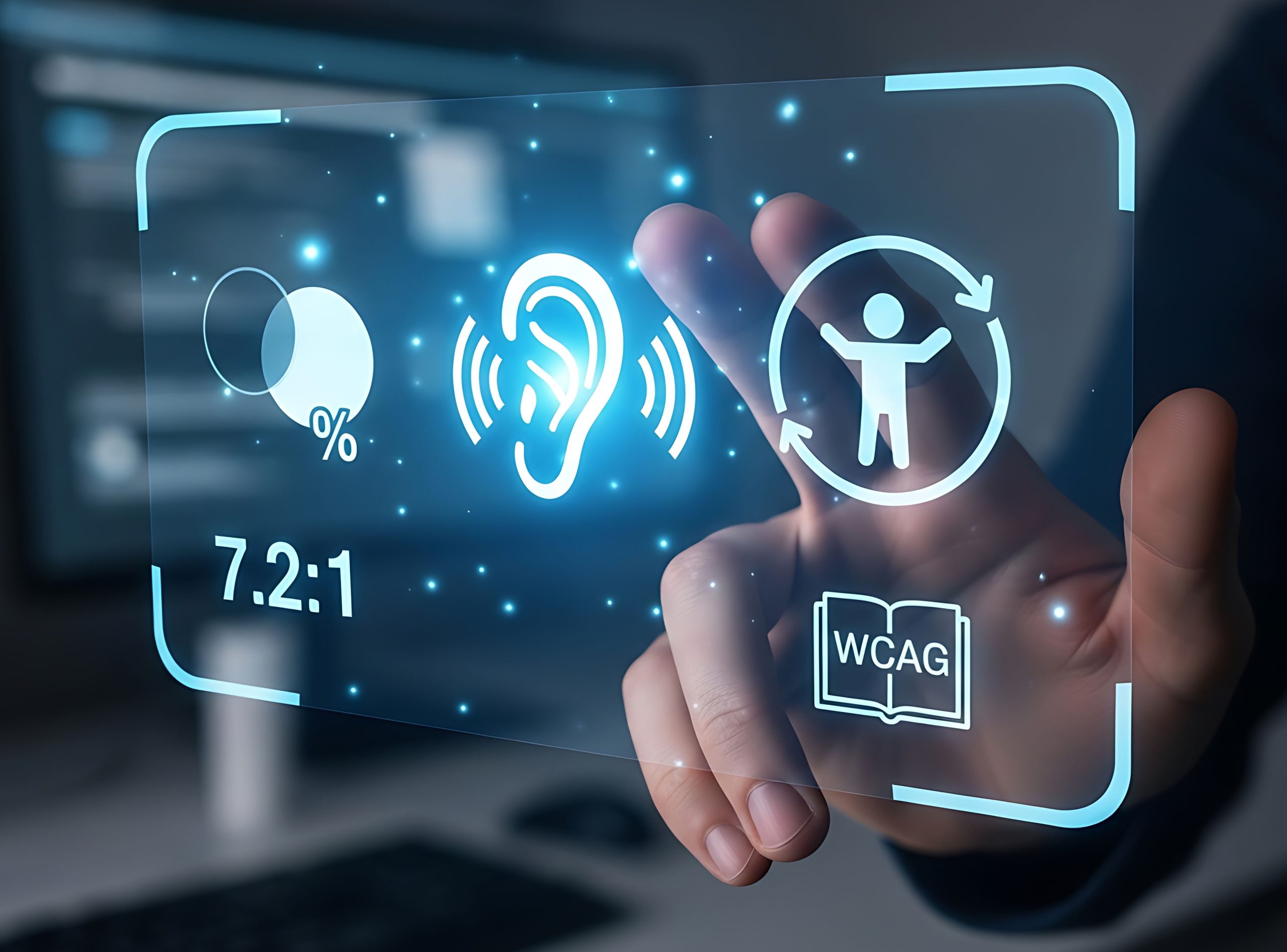 A person is pressing a digital button with the accessibility icon, which represents the degree to which a product, device, service, or environment is available to as many people as possible.