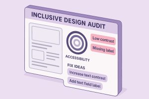 Inclusive design audit panel with accessibility recommendations and fix ideas