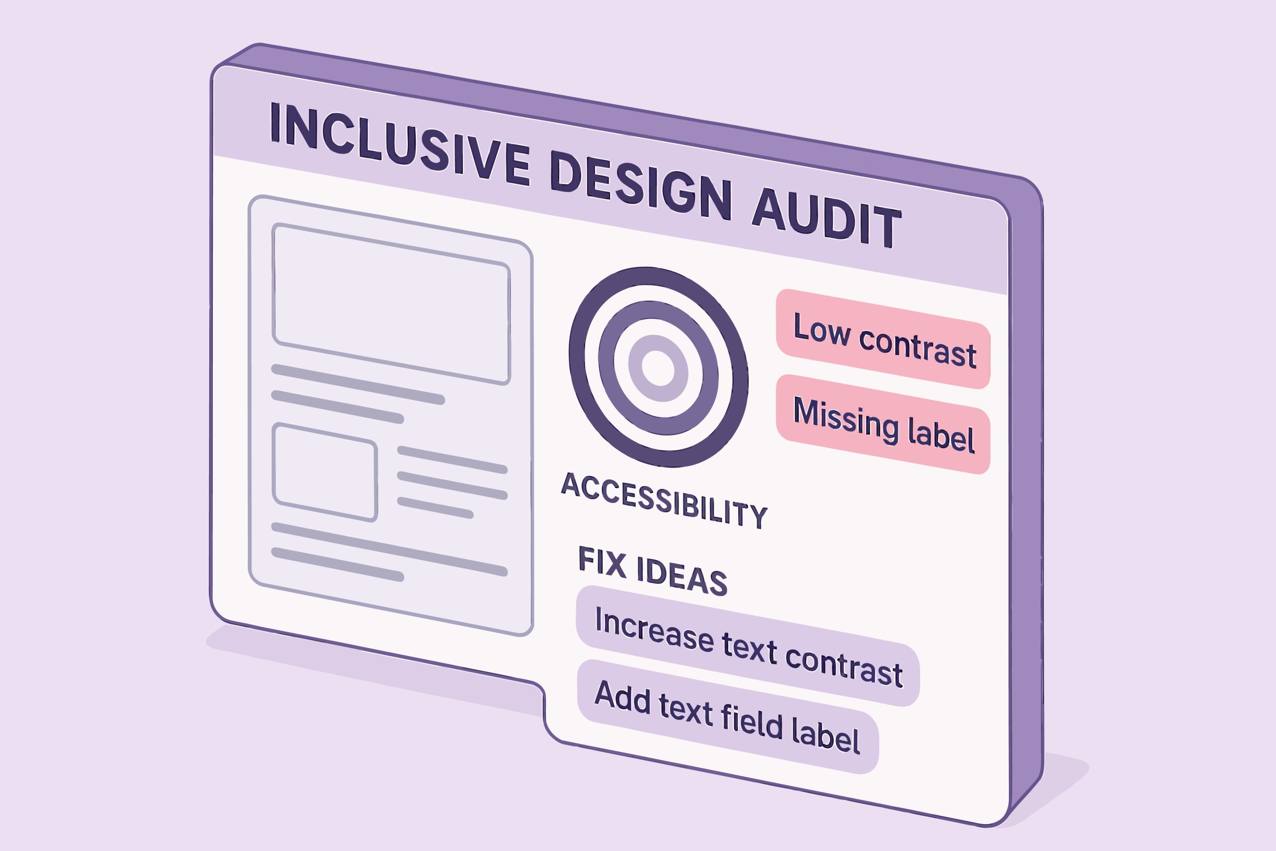 Inclusive design audit panel with accessibility recommendations and fix ideas