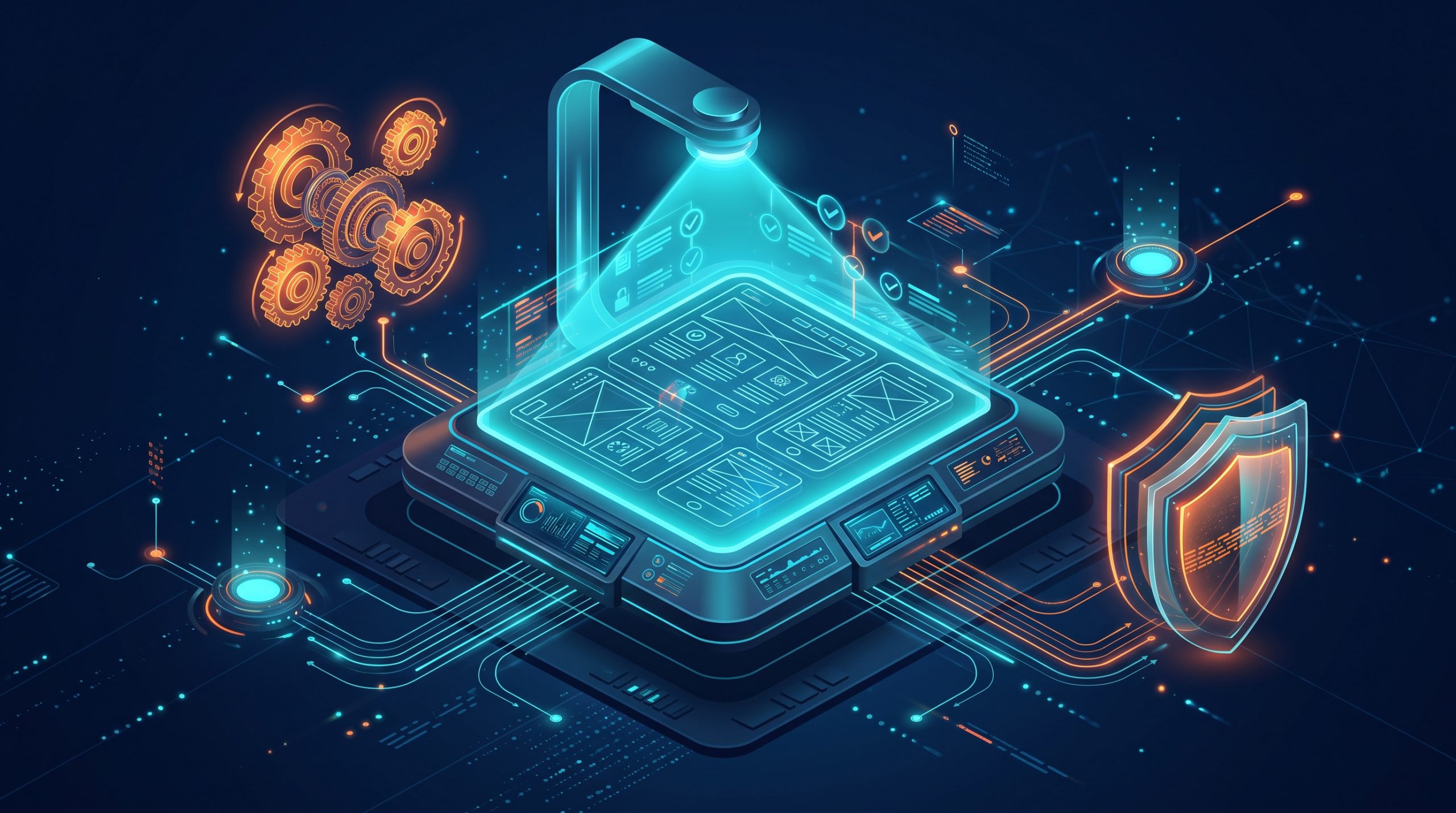 3D isometric illustration of a digital workbench being scanned by a glowing cyan diagnostic beam.