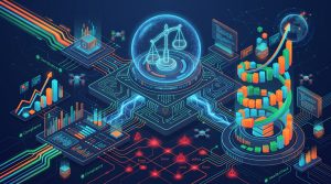 3D isometric illustration of a glowing holographic scale of justice surrounded by rising digital data charts.