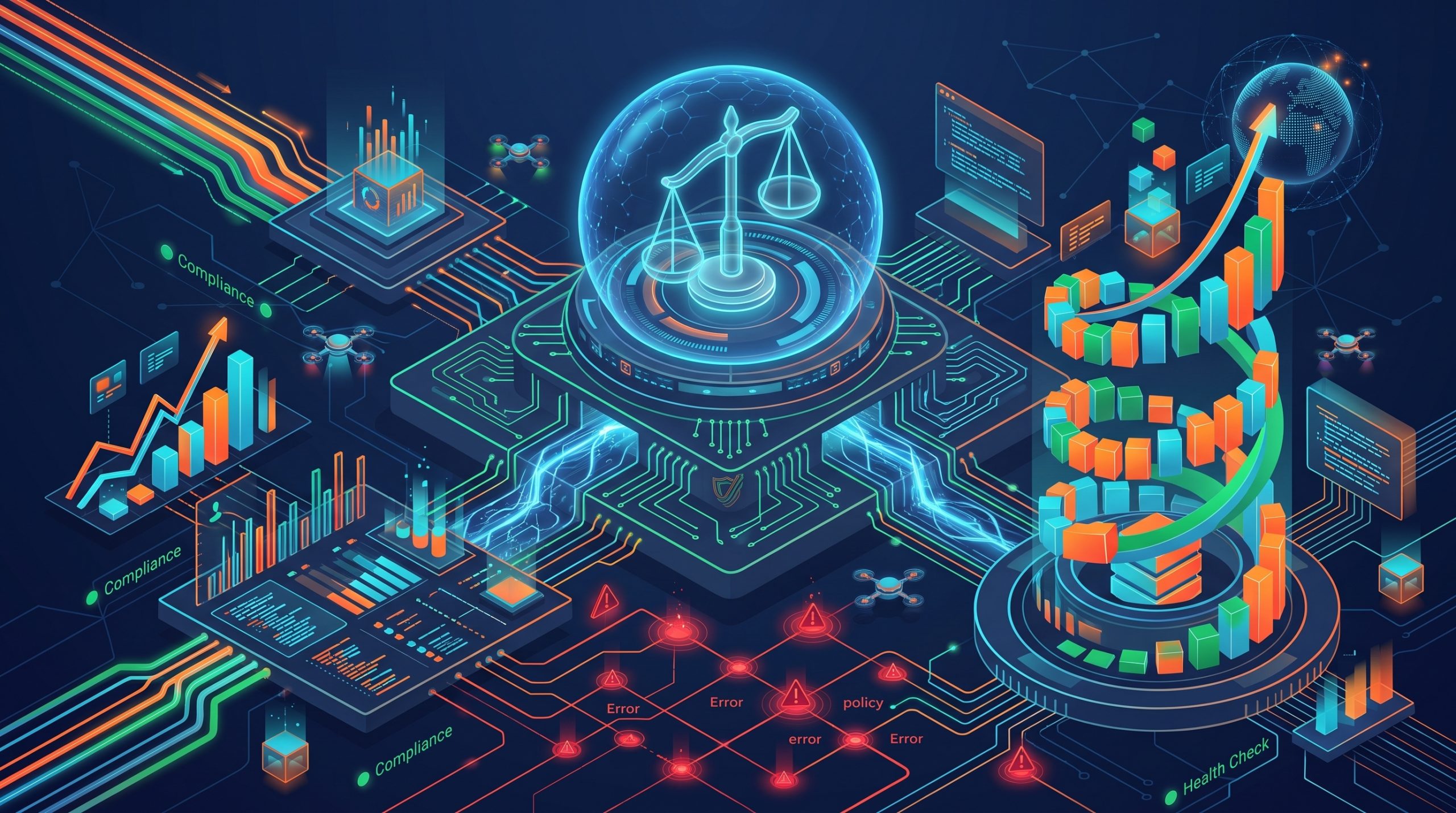 3D isometric illustration of a glowing holographic scale of justice surrounded by rising digital data charts.