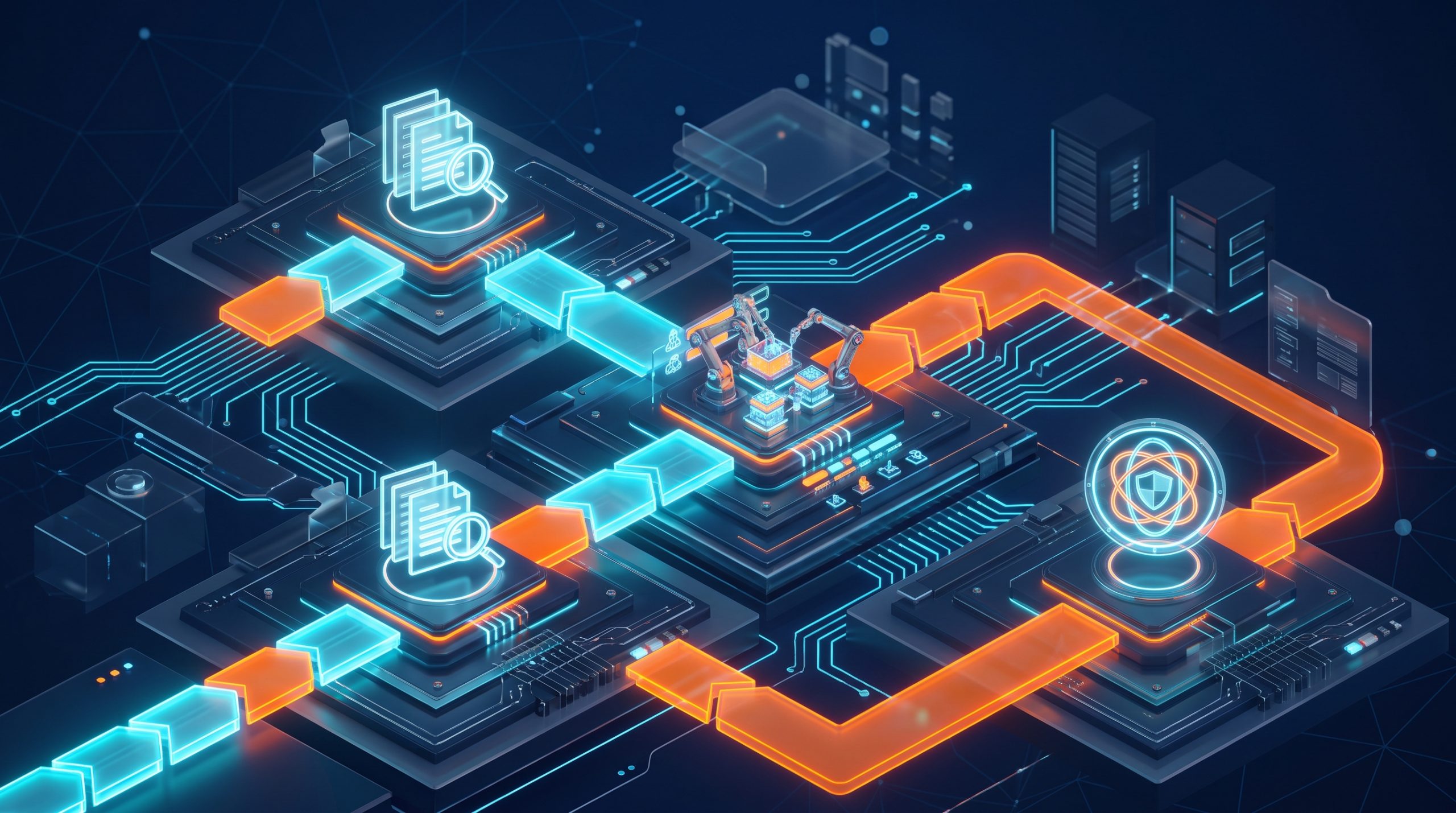 3D isometric illustration of a glowing digital pathway passing through three strategic milestones.