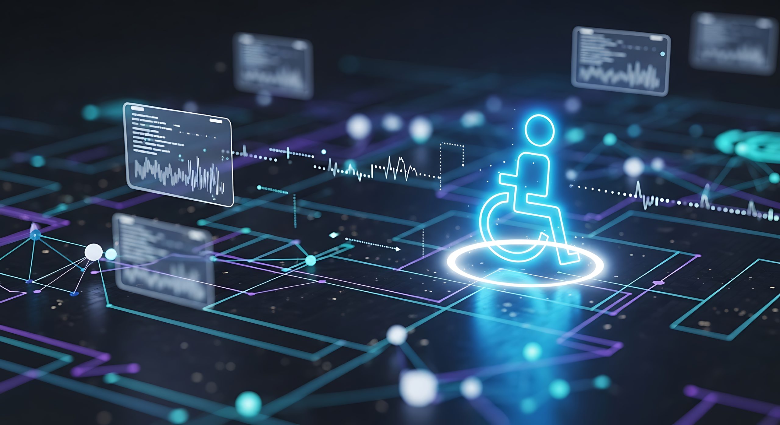 Neon blue wheelchair accessibility symbol on digital network with data screens disability icon
