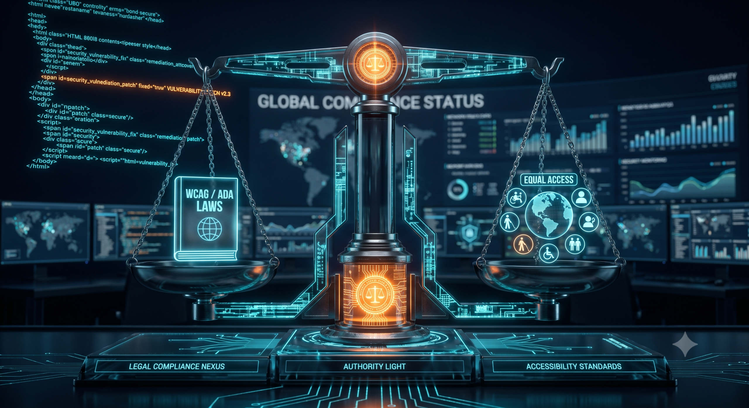 A futuristic scale of justice balancing a WCAG and ADA law book against an equal access globe.
