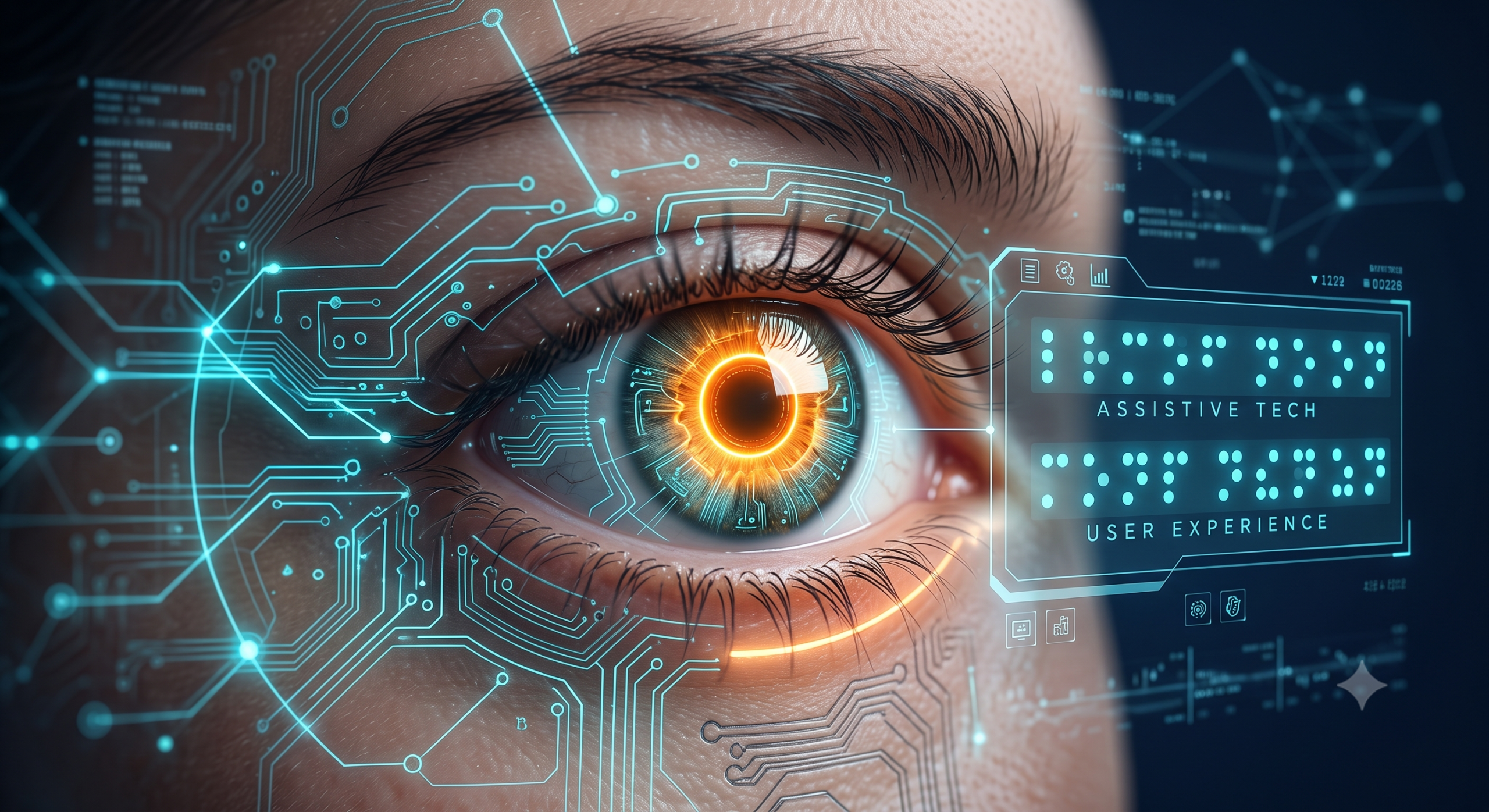 Close-up of a human eye integrated with glowing digital circuit tracks and a braille display.