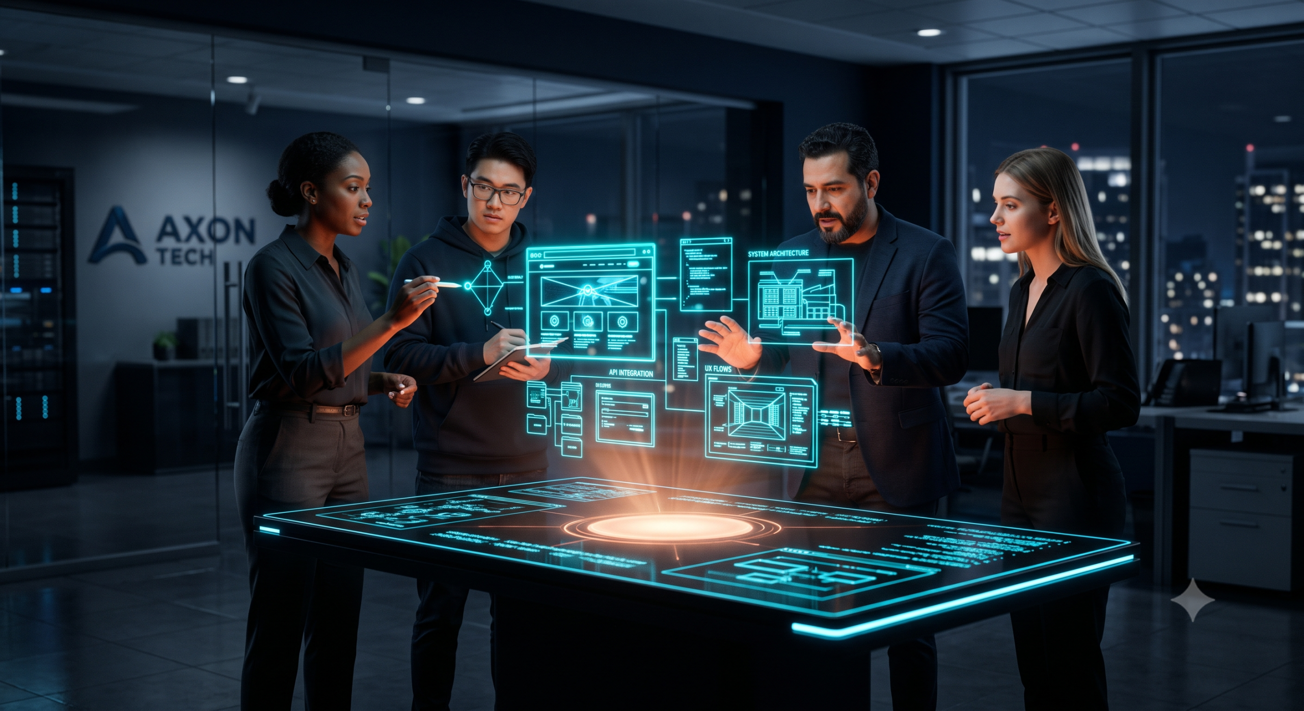 Four technology professionals collaborating around a glowing holographic interface table.