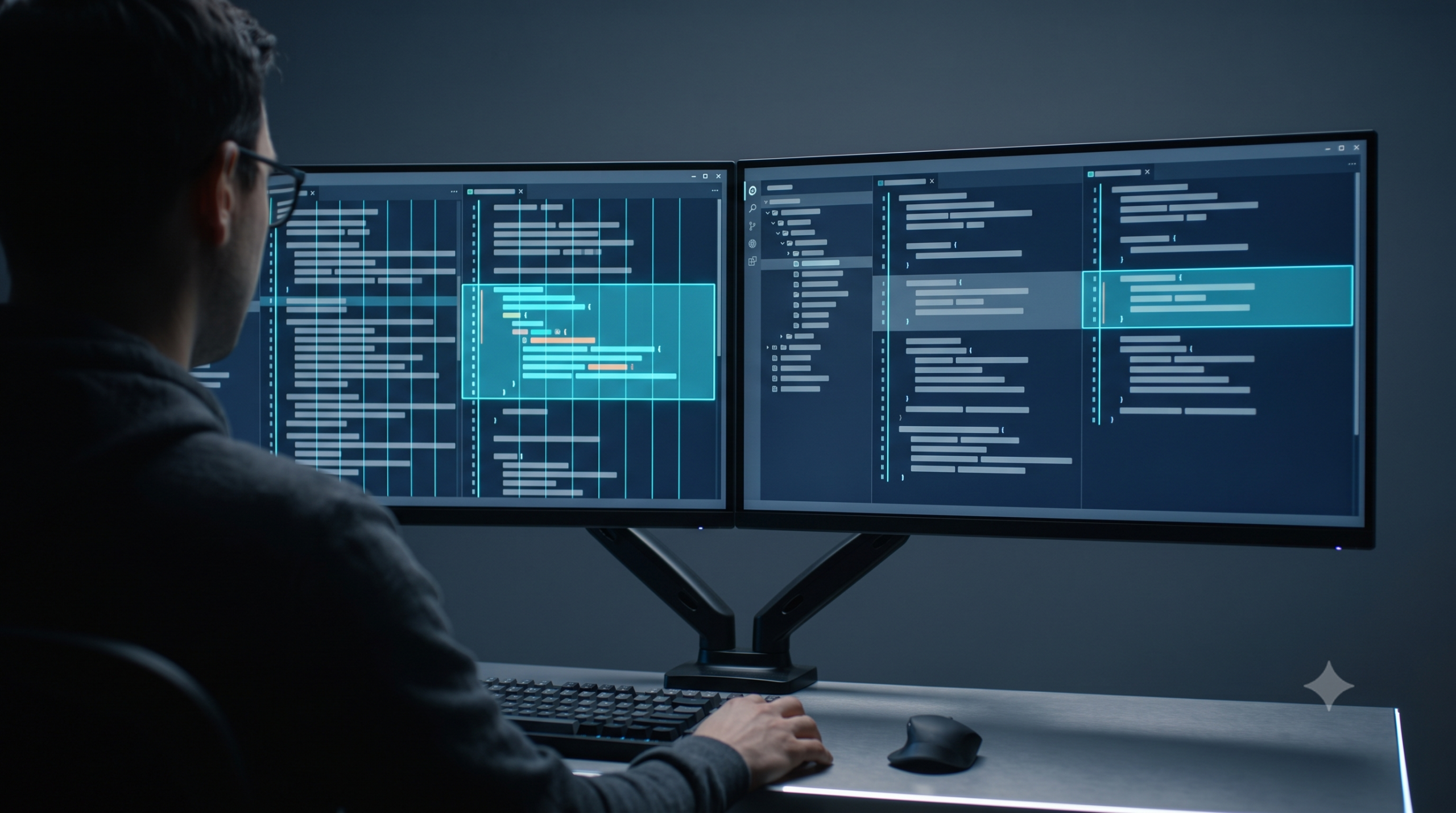 A developer at a dual-monitor workstation reviewing abstract source code, with a glowing cyan box highlighting a specific code block to represent AI-assisted remediation.