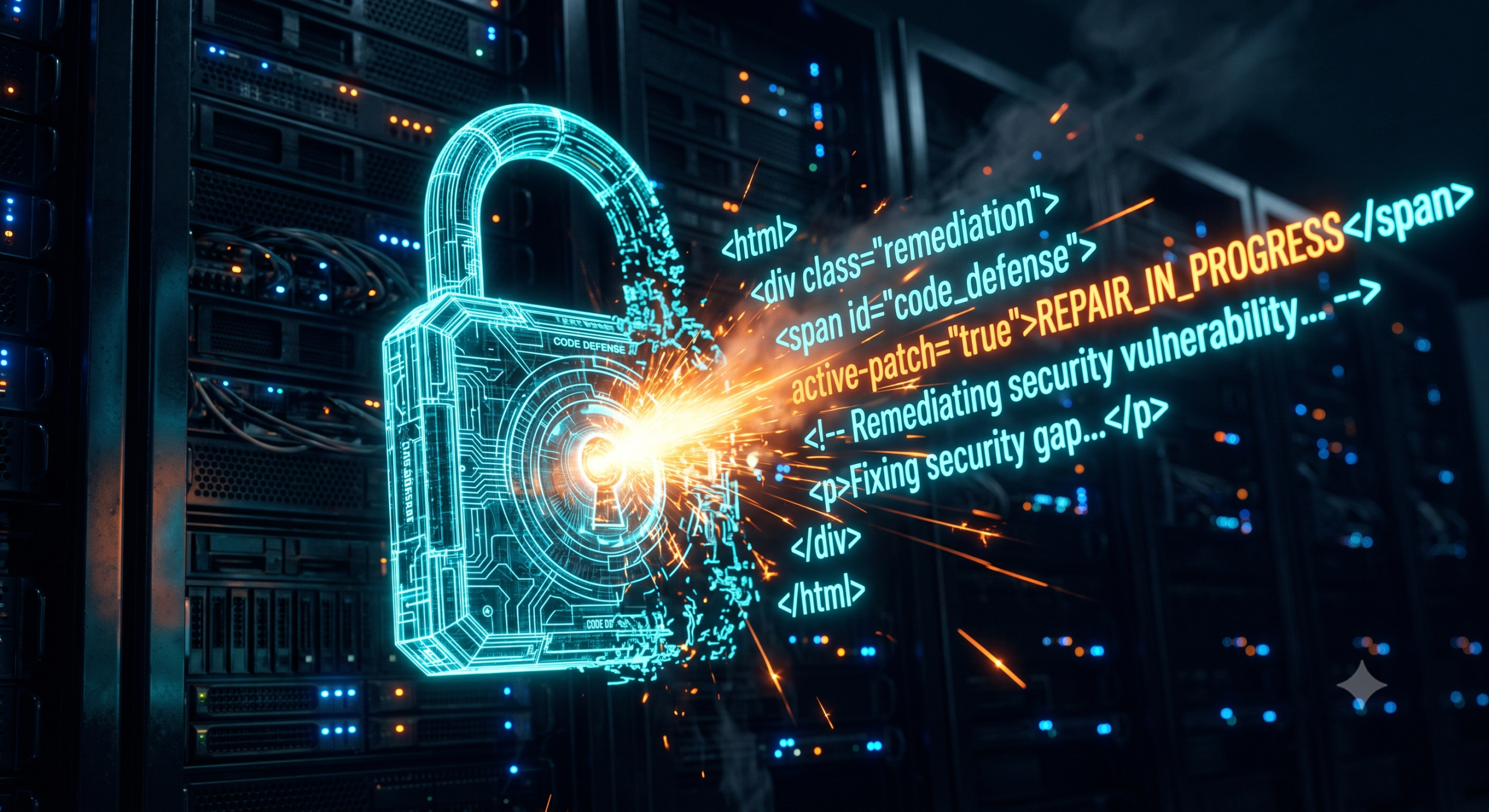 A glowing cyber-security padlock on a server rack background being actively patched with lines of HTML code.