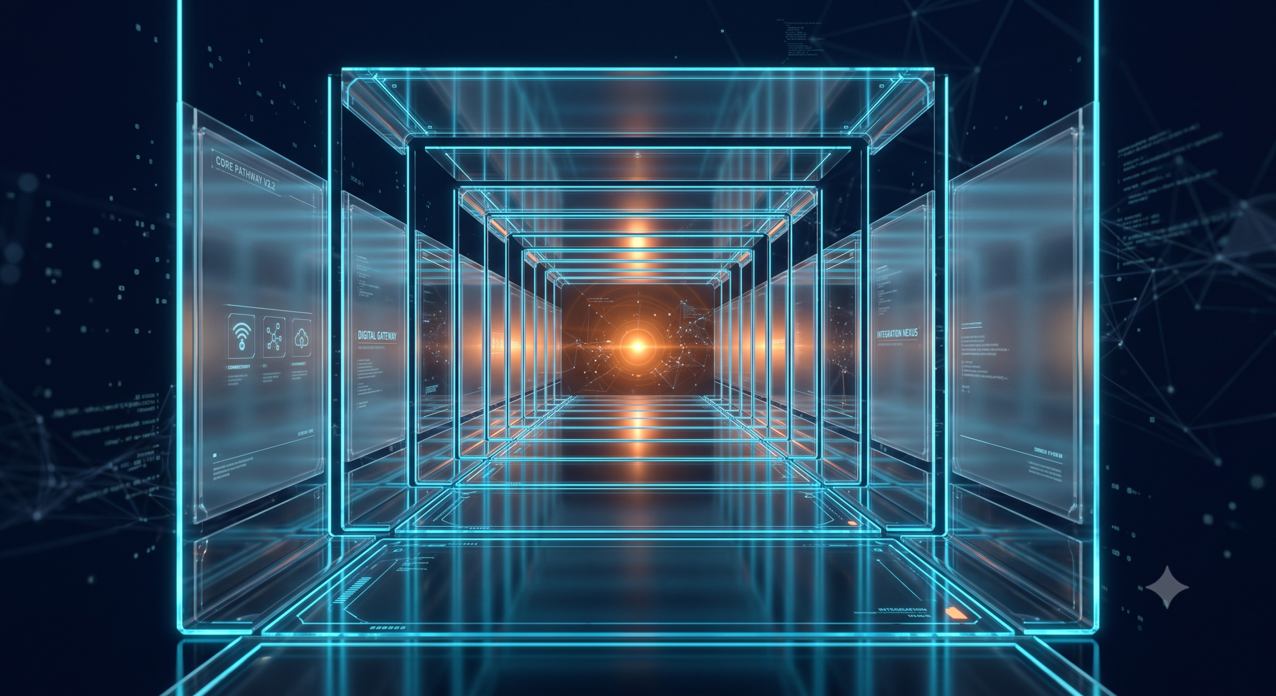 An abstract perspective path of glowing digital panels fading into a dark horizon.