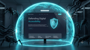 A glowing digital shield protecting a website from attacking AI scraper bots.