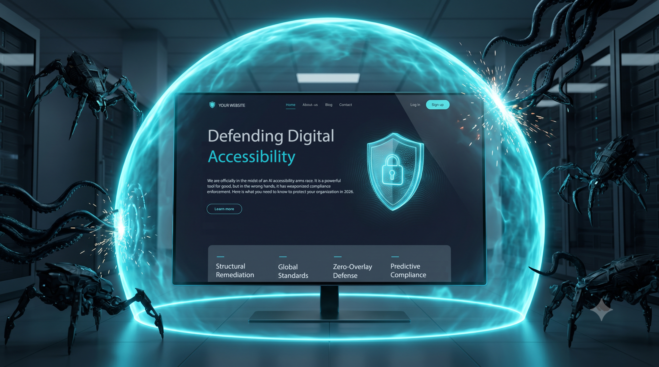 A glowing digital shield protecting a website from attacking AI scraper bots.