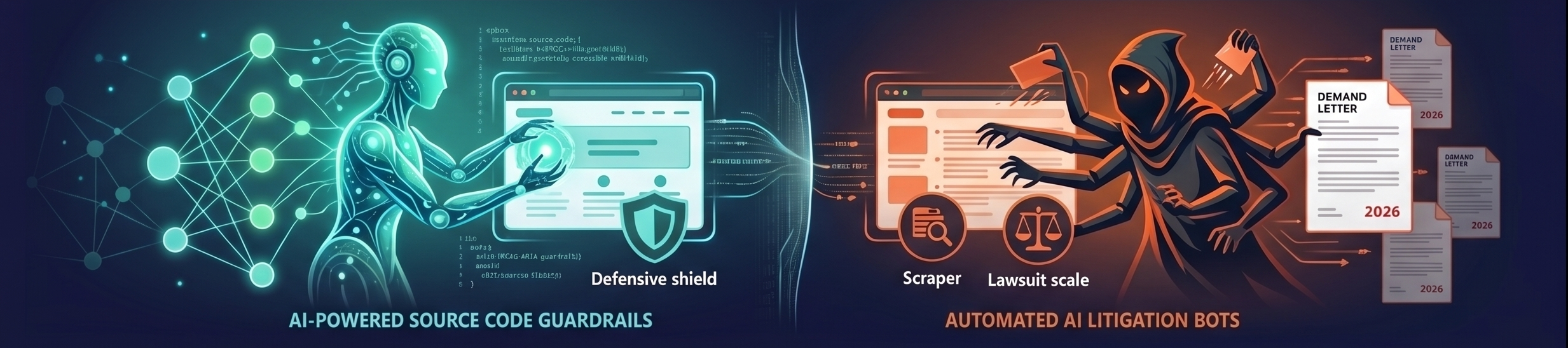 A visual representation of the AI Arms Race: Ethical AI is building robust code-level source code guardrails on a protected website, while predatory AI is actively scraping a vulnerable website and generating demand letters. Date labels show 2026 and increasing risk.