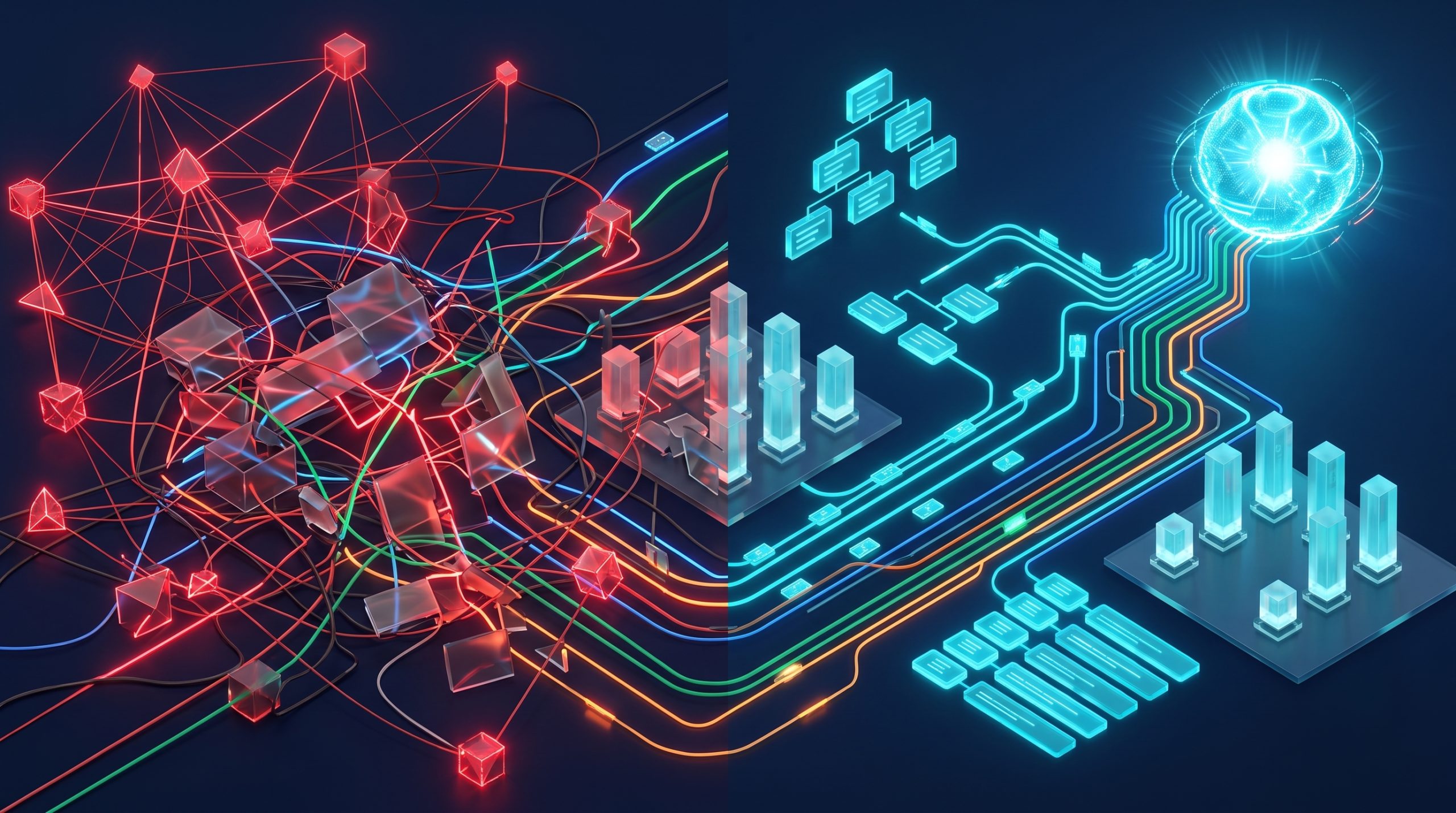 Split-screen 3D illustration showing tangled red data structures on the left and clean, organized cyan data hierarchies on the right.
