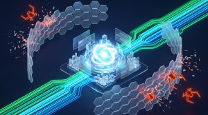 3D isometric illustration of an AI core receiving green and cyan structured data streams while an orange firewall deflects bot scrapers.