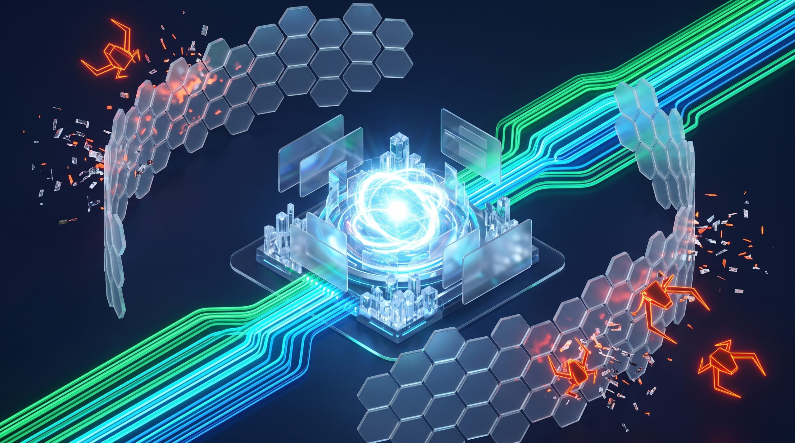 3D isometric illustration of an AI core receiving green and cyan structured data streams while an orange firewall deflects bot scrapers.