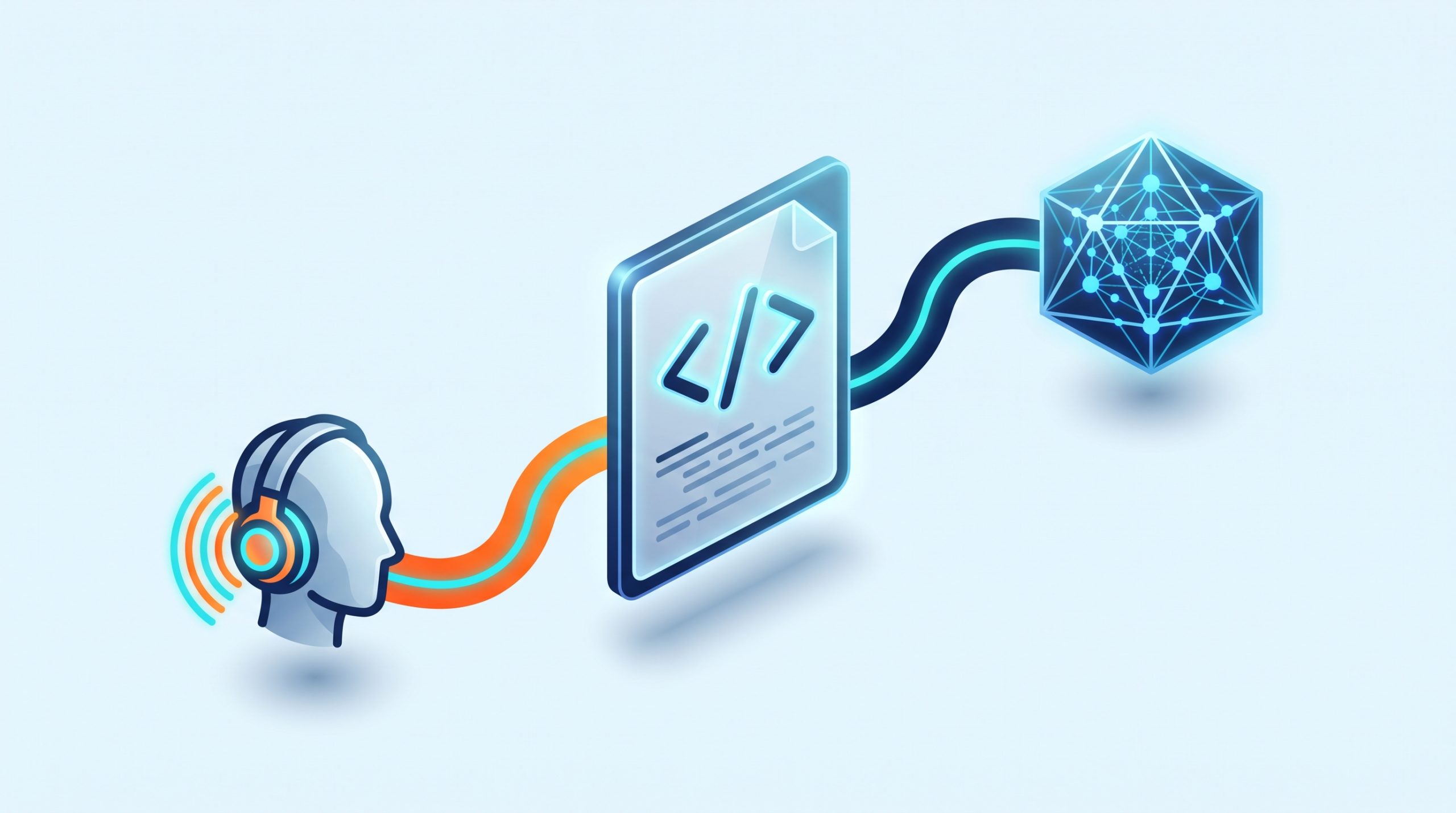 3D diagram showing semantic HTML feeding data to both a screen reader and an AI crawler.