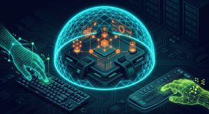 Glowing digital hands use standard and Braille keyboards beside a secure cyan forcefield representing a focus trap.