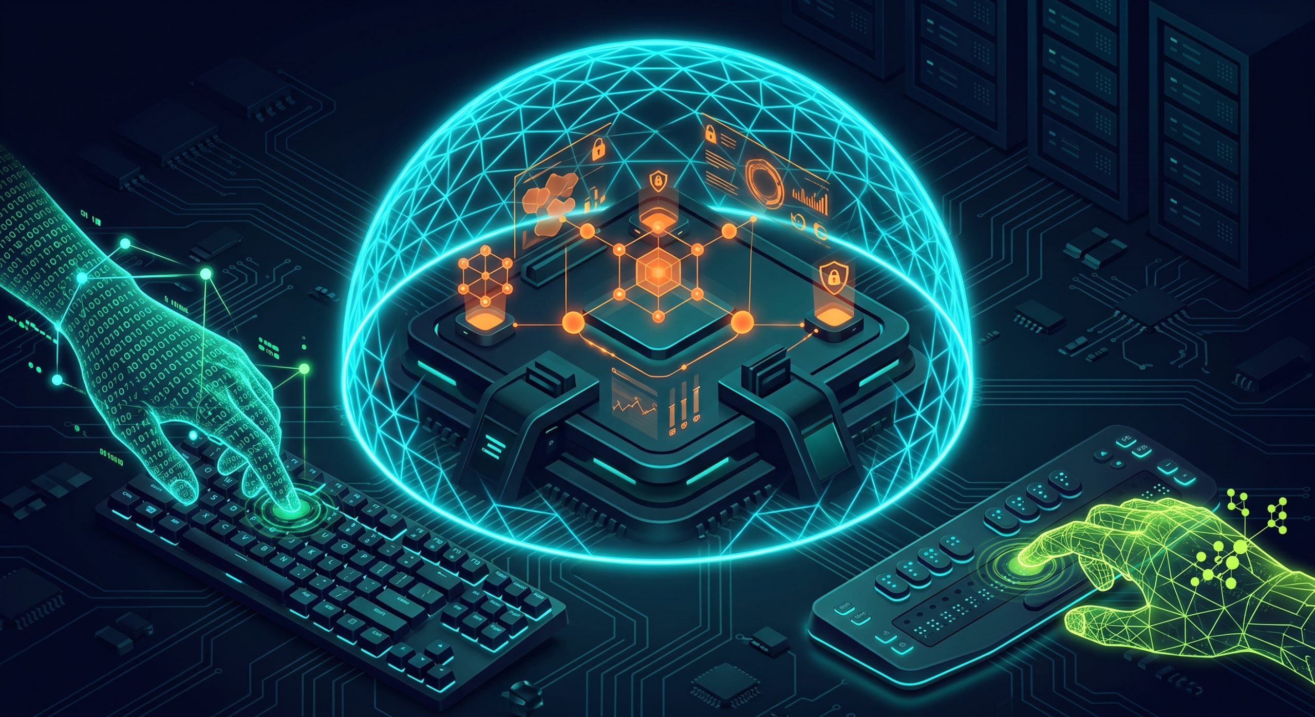 Glowing digital hands use standard and Braille keyboards beside a secure cyan forcefield representing a focus trap.