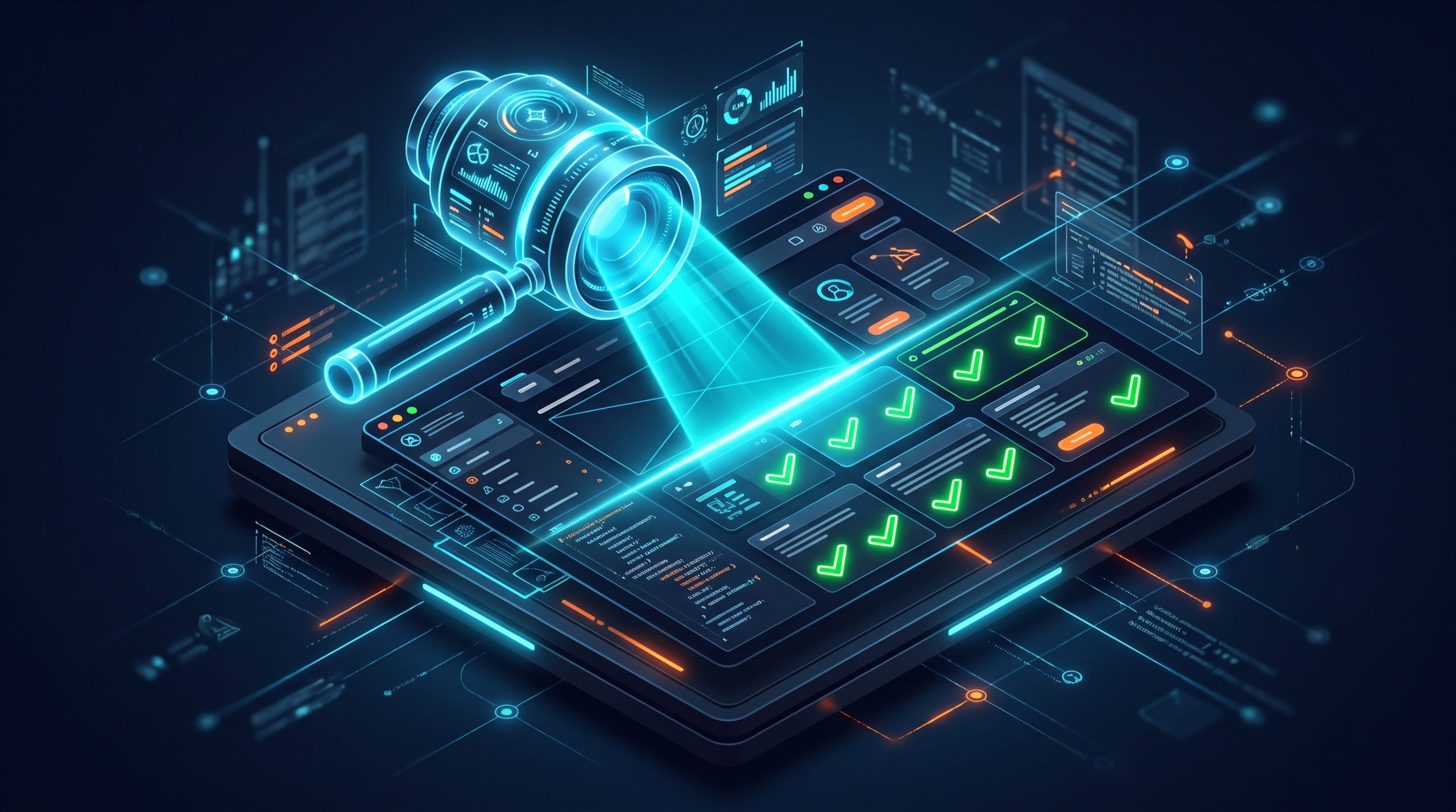 3D illustration of a glowing cyan magnifying glass scanning a web interface showing green checkmarks.