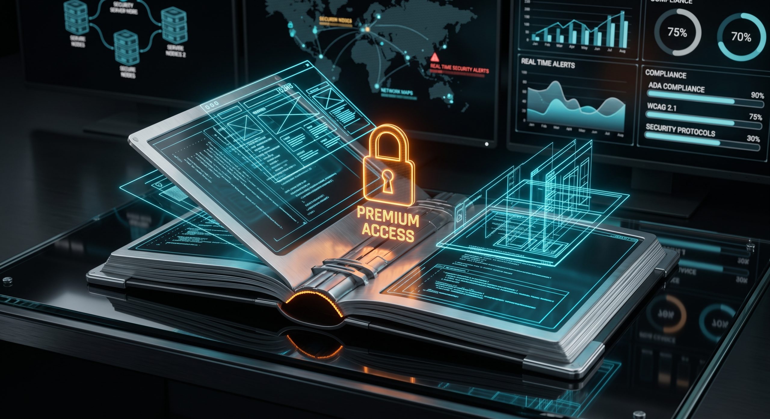 3D render of a futuristic digital playbook projecting cyan wireframes with a glowing orange padlock on a dark desk.