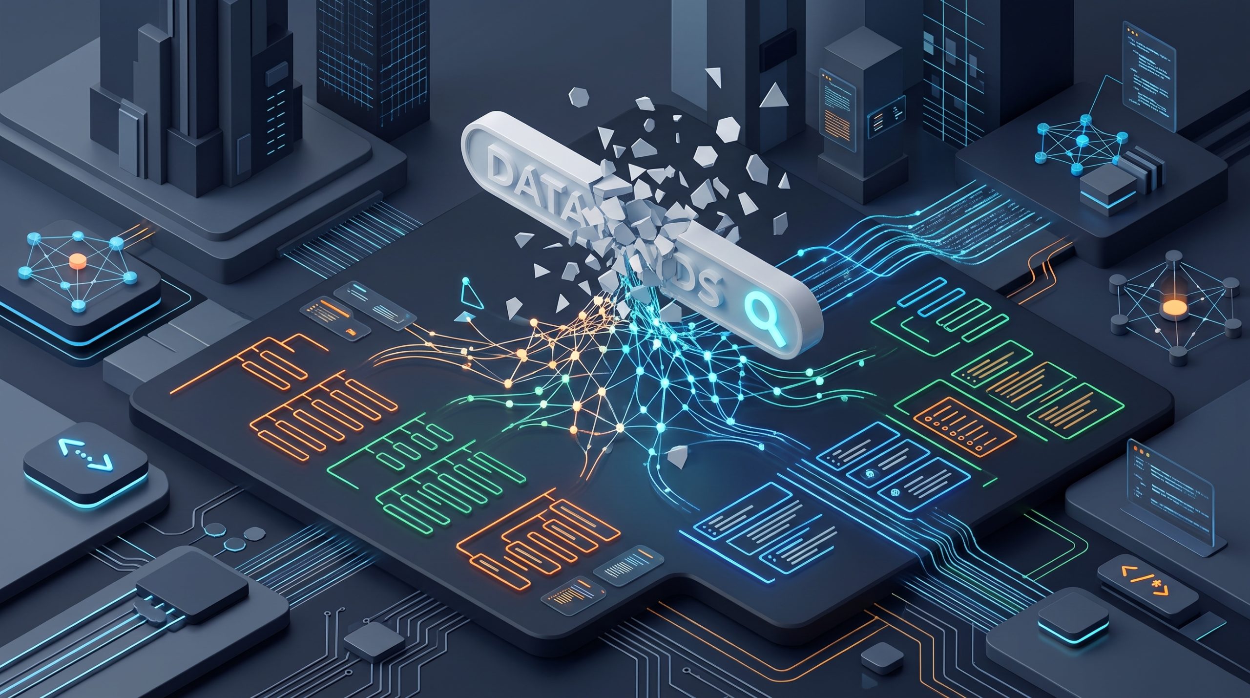 3D isometric illustration of a glowing search bar shattering in the center to reveal a complex, colorful neural network of AI nodes underneath.